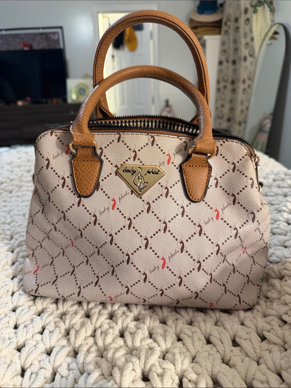 Baby Phat Cream Satchel with Tan Trim